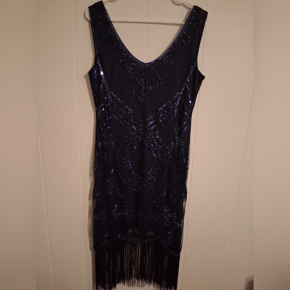 Navy Blue Sequin/Beaded/Fringe Dress